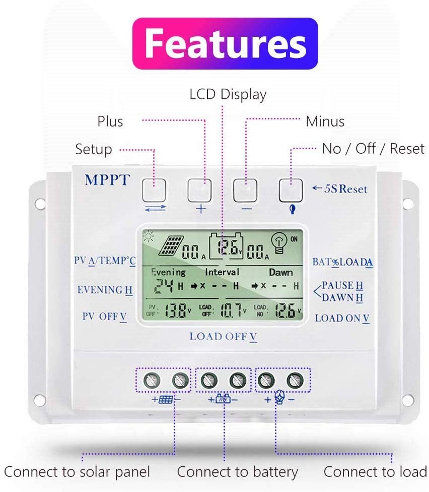 Solar Charge Controller 40 amp Solar Panel Regulator with Load Timer, 12V 40A