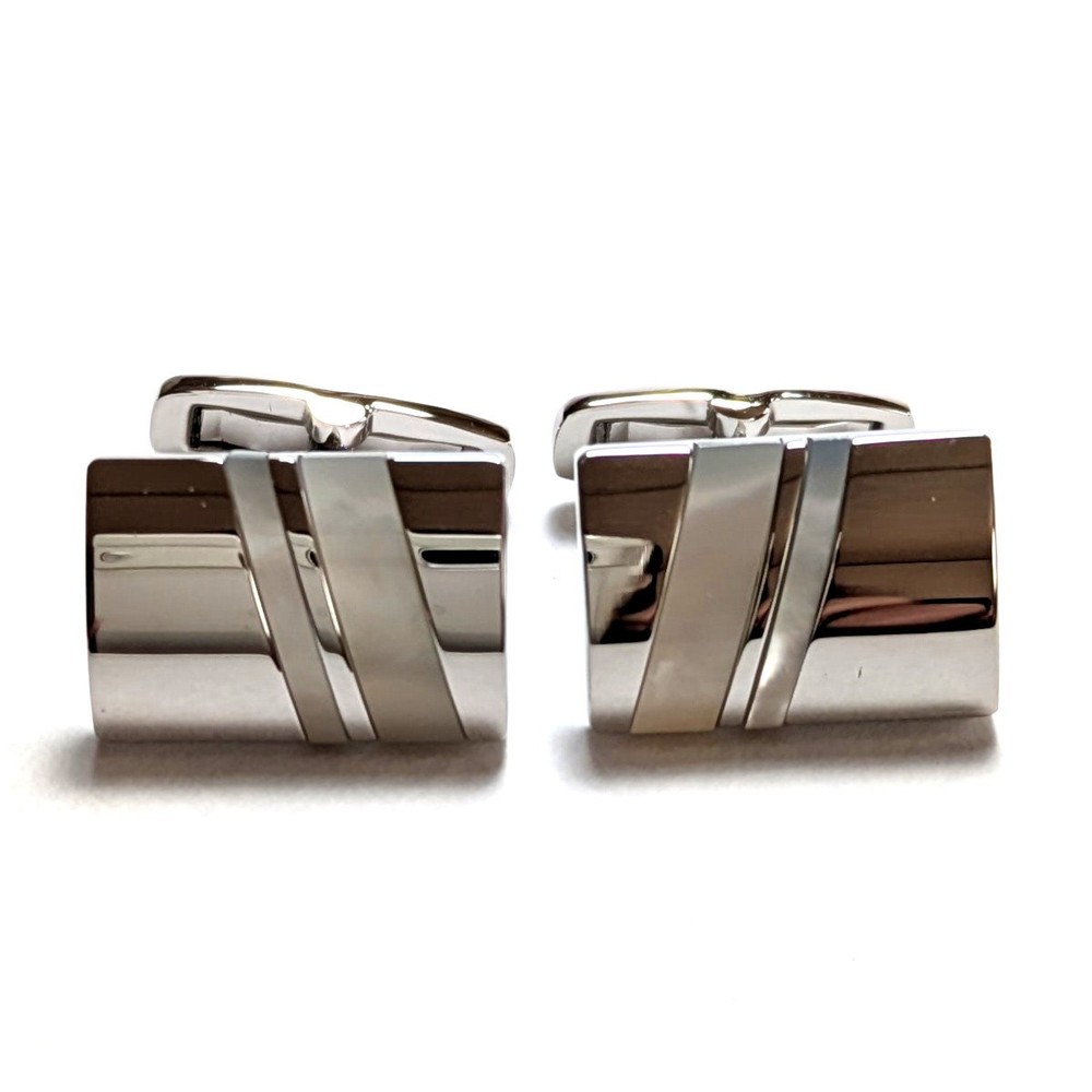 Psc478 Paul Stuart Cufflinks Silver Pearl White Double Line Shell