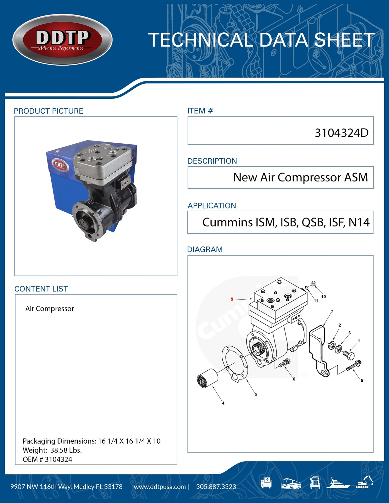 Air Compressor, Cummins N14, ISM, ISB, QSB, ISF (3558163, 4952756, 9111535200)