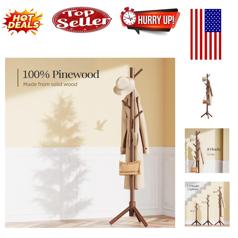 Elegant Adjustable Wooden Coat Rack with 8 Hooks