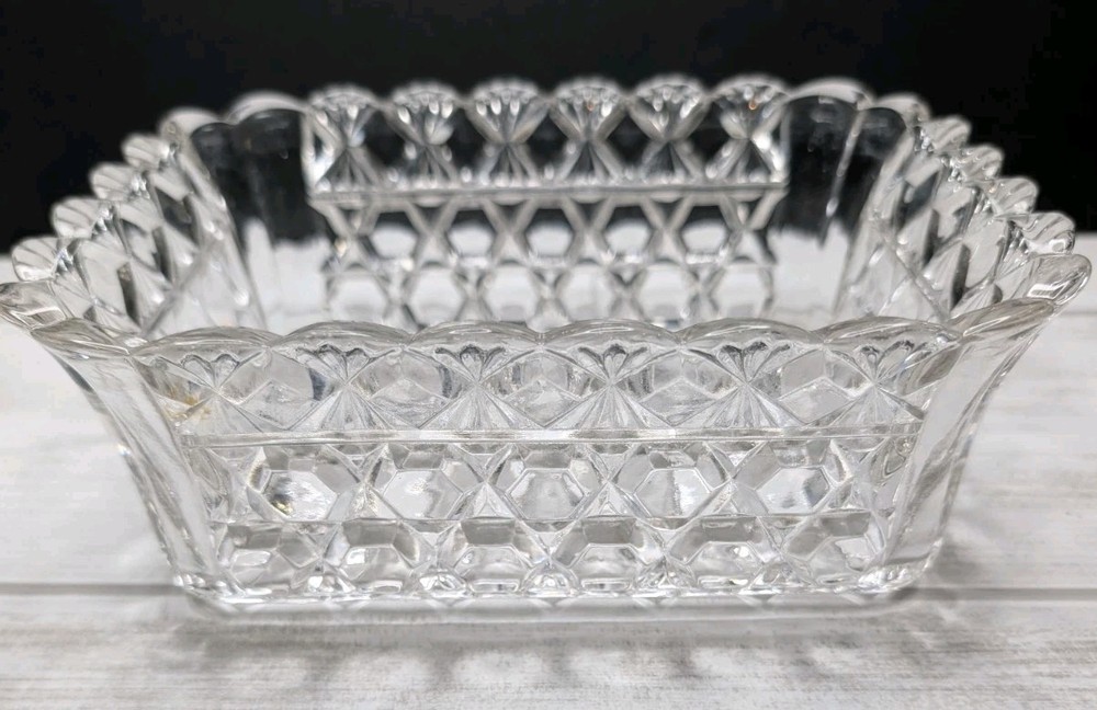 Vintage EAPG Clear Glass Honeycomb Hexagon Fan Rectangular Bowl