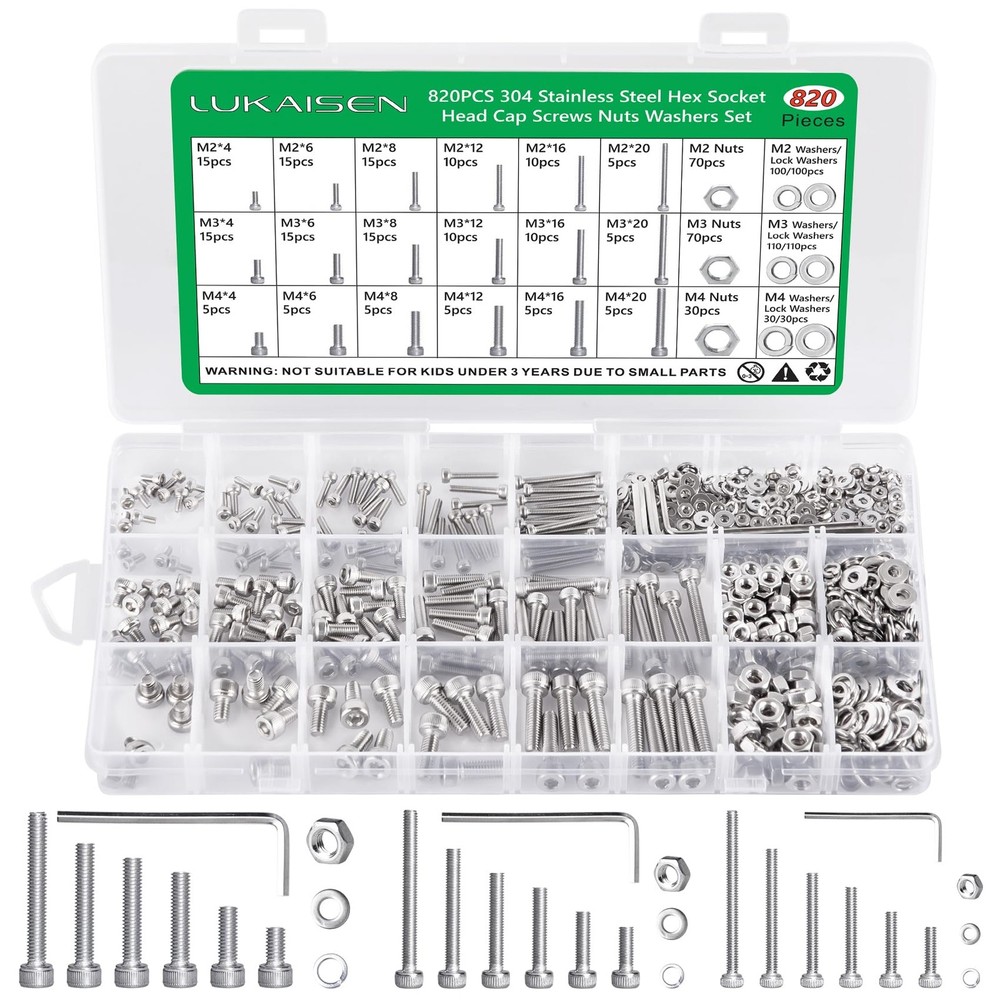 Screws and Nuts, SS M2 M3 M4 820pcs C, 820Pcs Silver Hex Socket Head