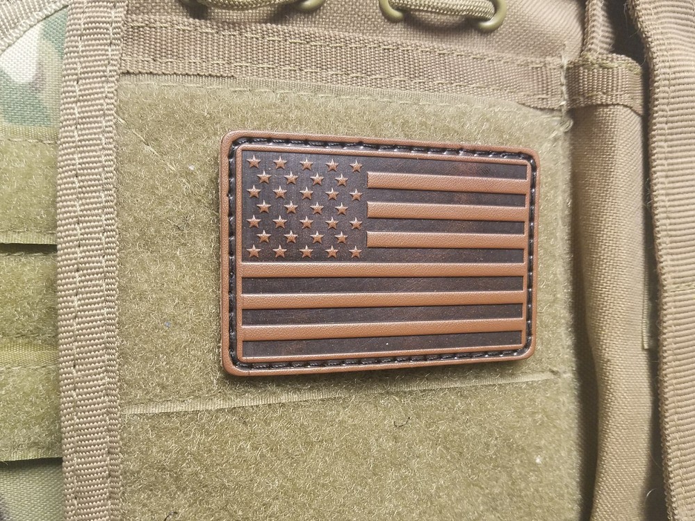 Brown PU Leather US American Flag Tactical Hook Backing 2x3 Patch