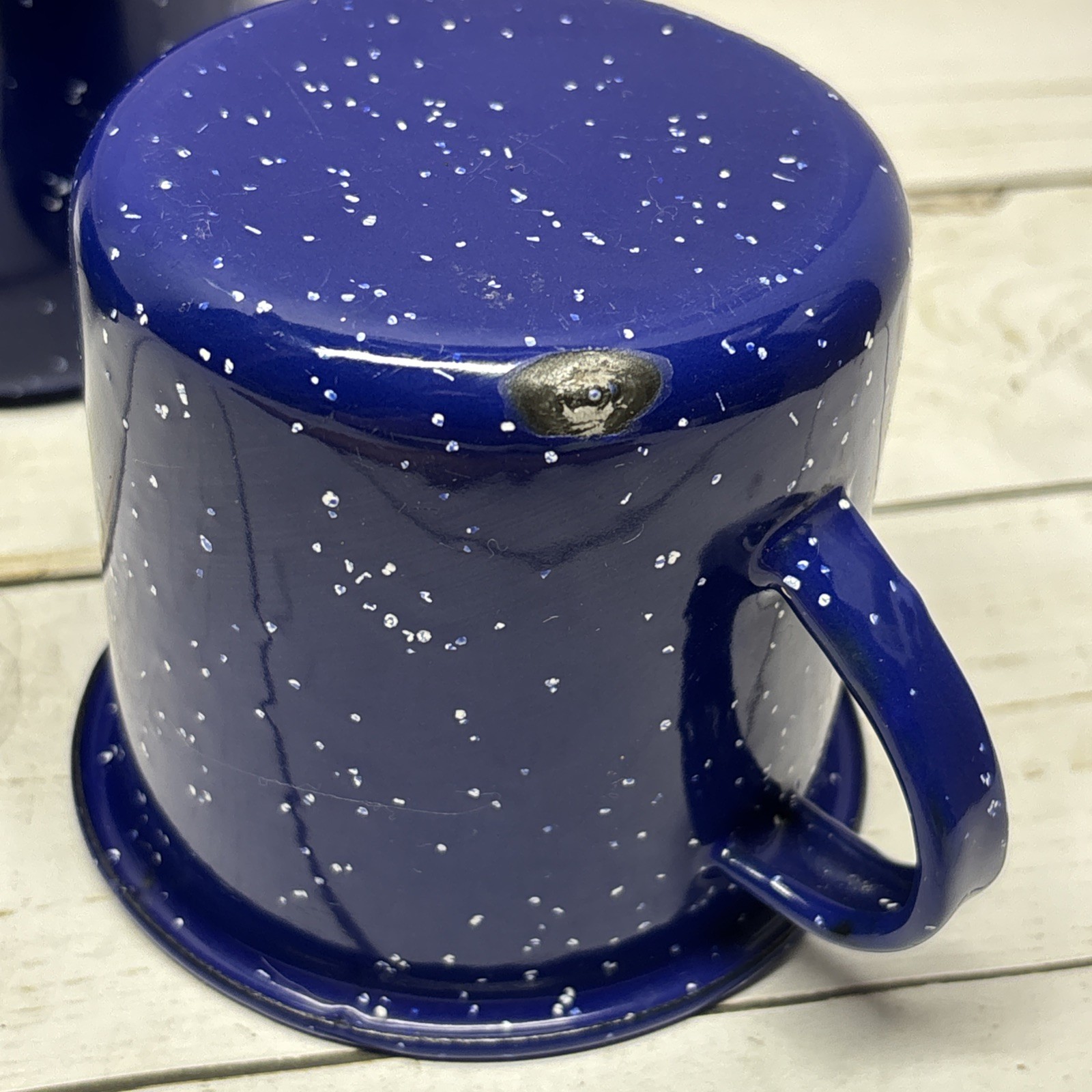 Blue Enamelware tin Set Of 4 Cups Mugs 1 Missing Some Enamel Camping Or Home Use