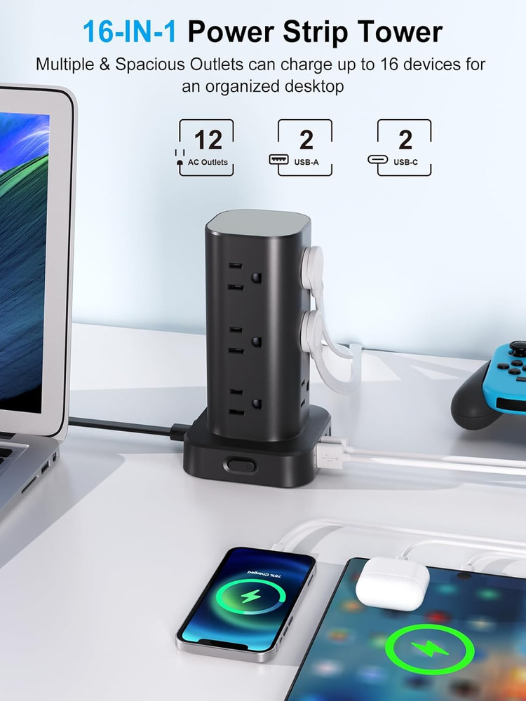 Power Strip Tower with Multiple Outlets, Flat Plug Surge Protector Tower Extensi