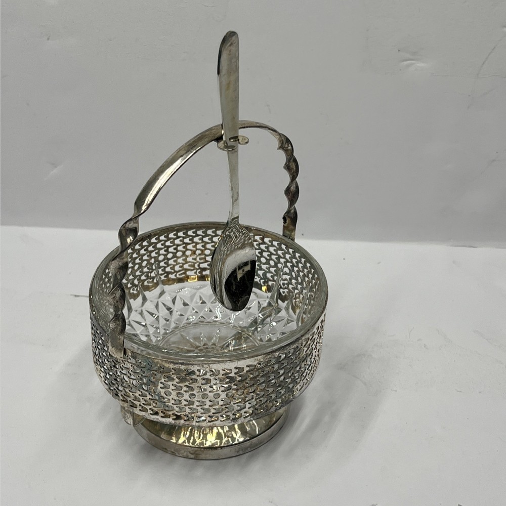 Silve Plated Jam Set Glass Insert and Spoon Open Box