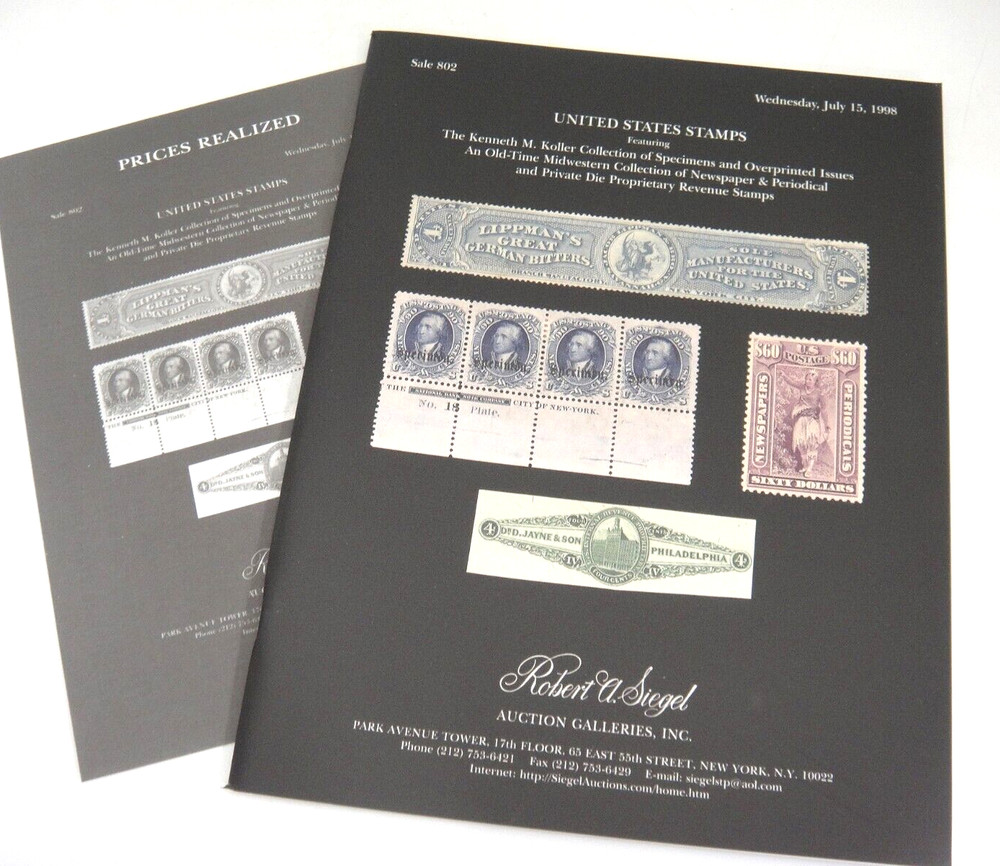 Siegel Stamp Auction Catalog w Prices Realized Specimens Overprints Revenue 1998