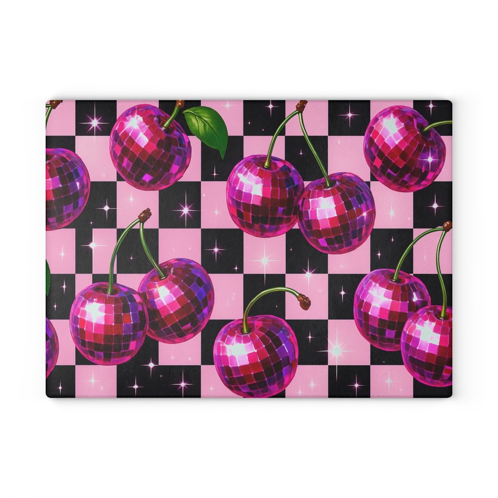 Disco Cherry Glass Cutting Board, Kitchen Decor, Fun Checkered Board Y2K