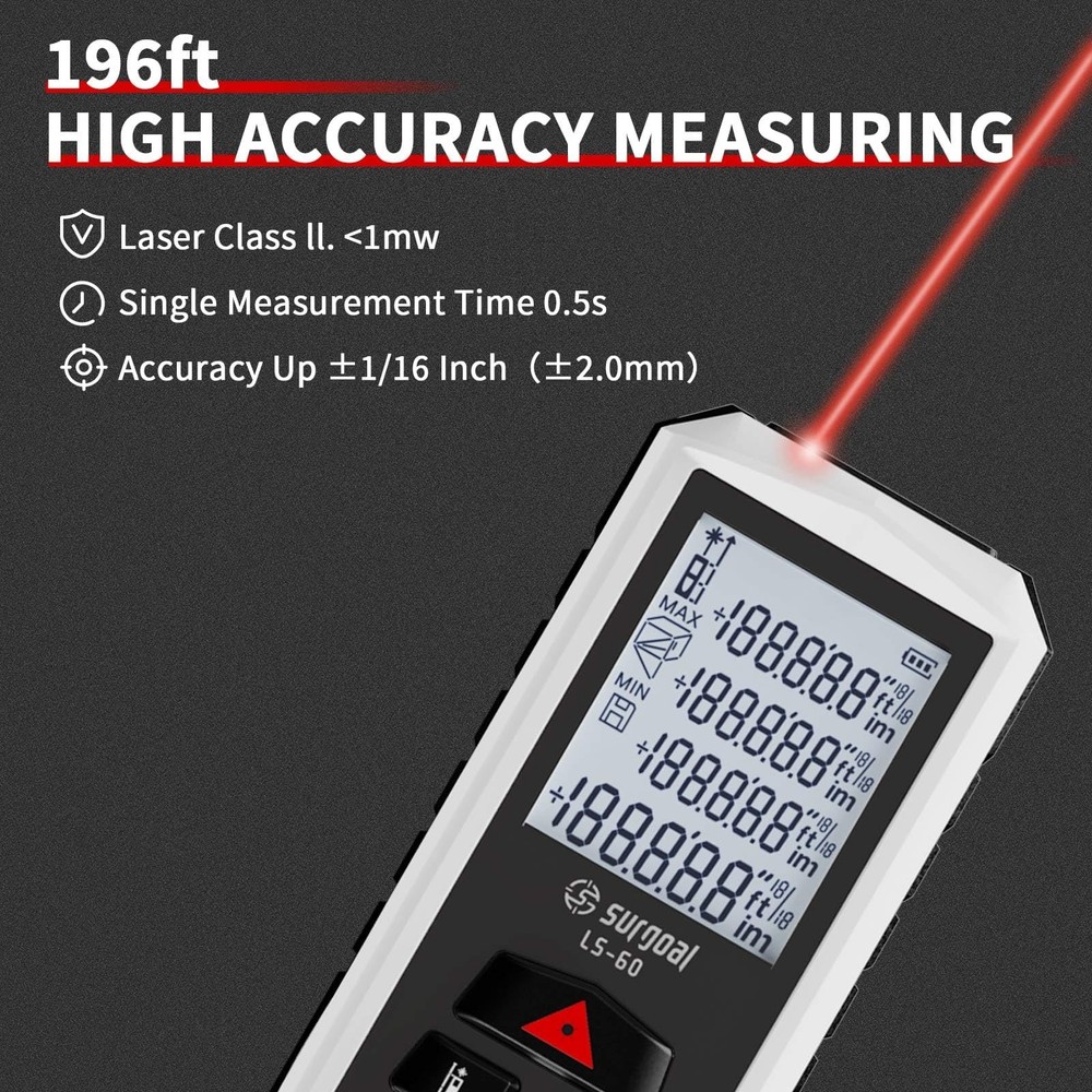 Laser Distance Meter Digital Laser Measuring Tool with LCD Backlit Display, P...