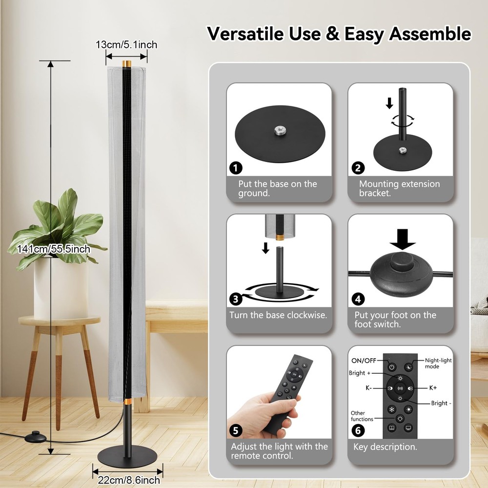 Modern Floor Lamp Dimmable Standing Lamp With Remote Control Stepless Adjustable