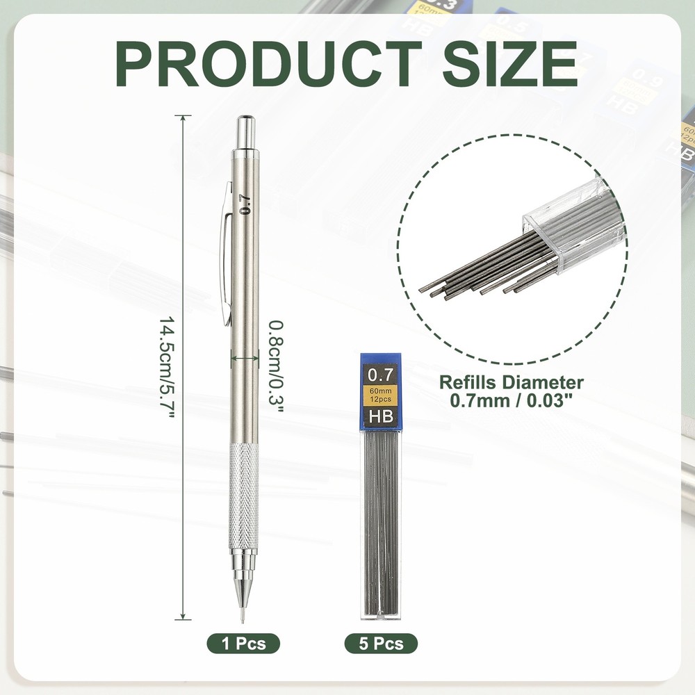 Mechanical Pencil 0.7mm Medium Point with 5Pcs Refills, Silver