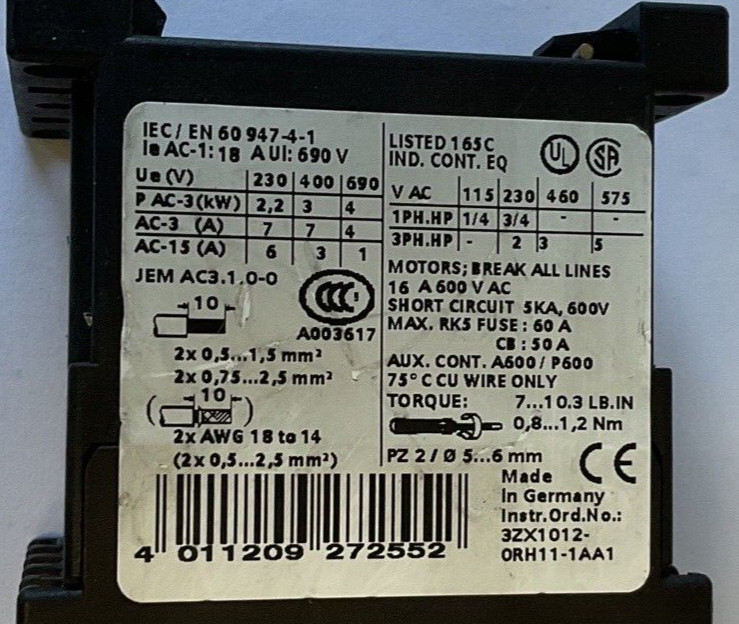 SIEMENS 3RT1015-1BB42 CONTACTOR 690V