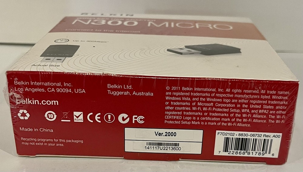 Belkin Wireless USB Adapter N300 Micro Model F7D2102