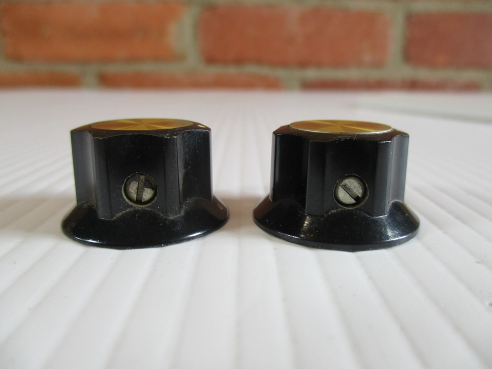 Pair Black Reflector Knobs Gold Insert for Gibson Guitar or Amp Top Hat Style