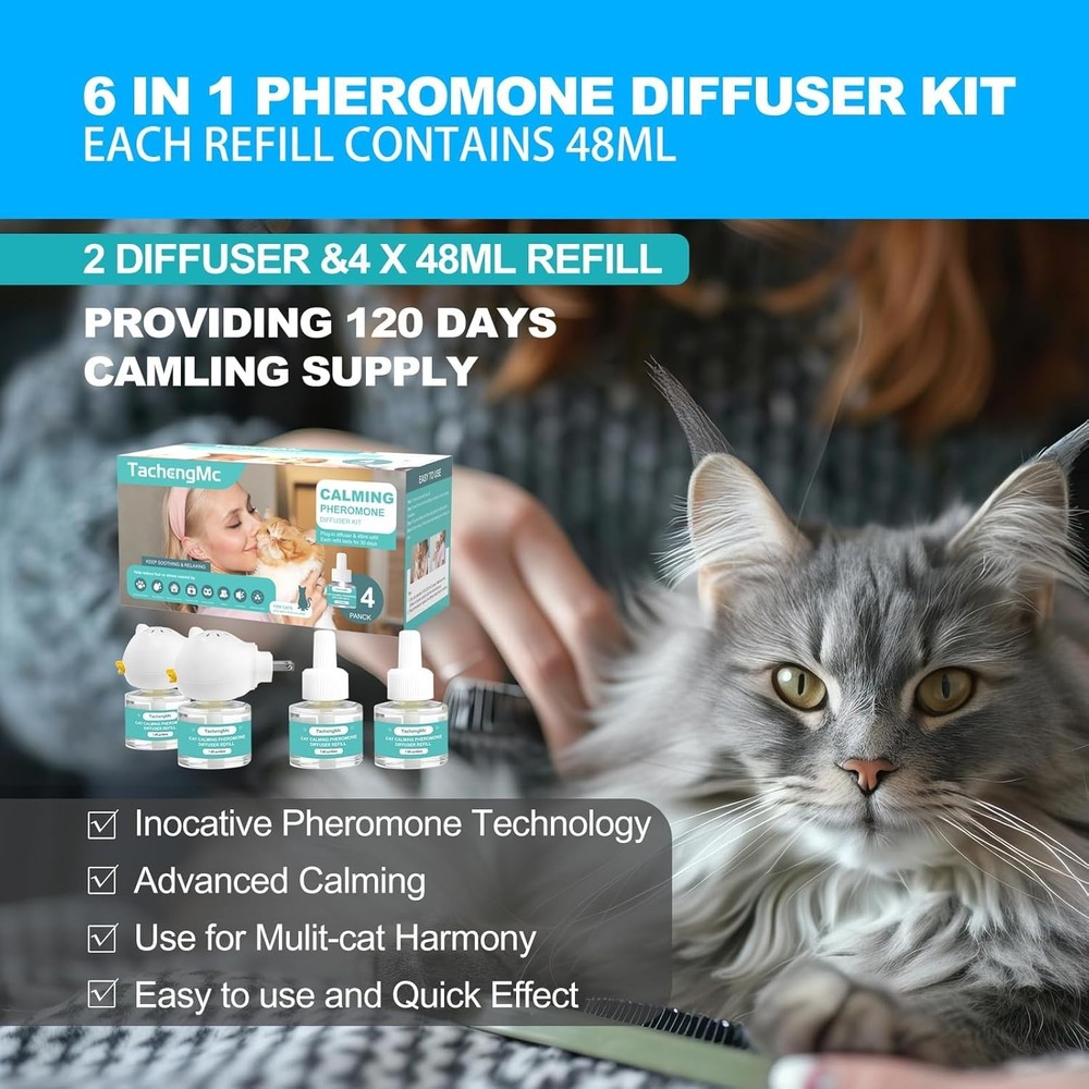 Cat Calming Diffuser, 4 Pack TachengMc,Cat Pheromones 2 Diffuser + 4 Refill 48ml