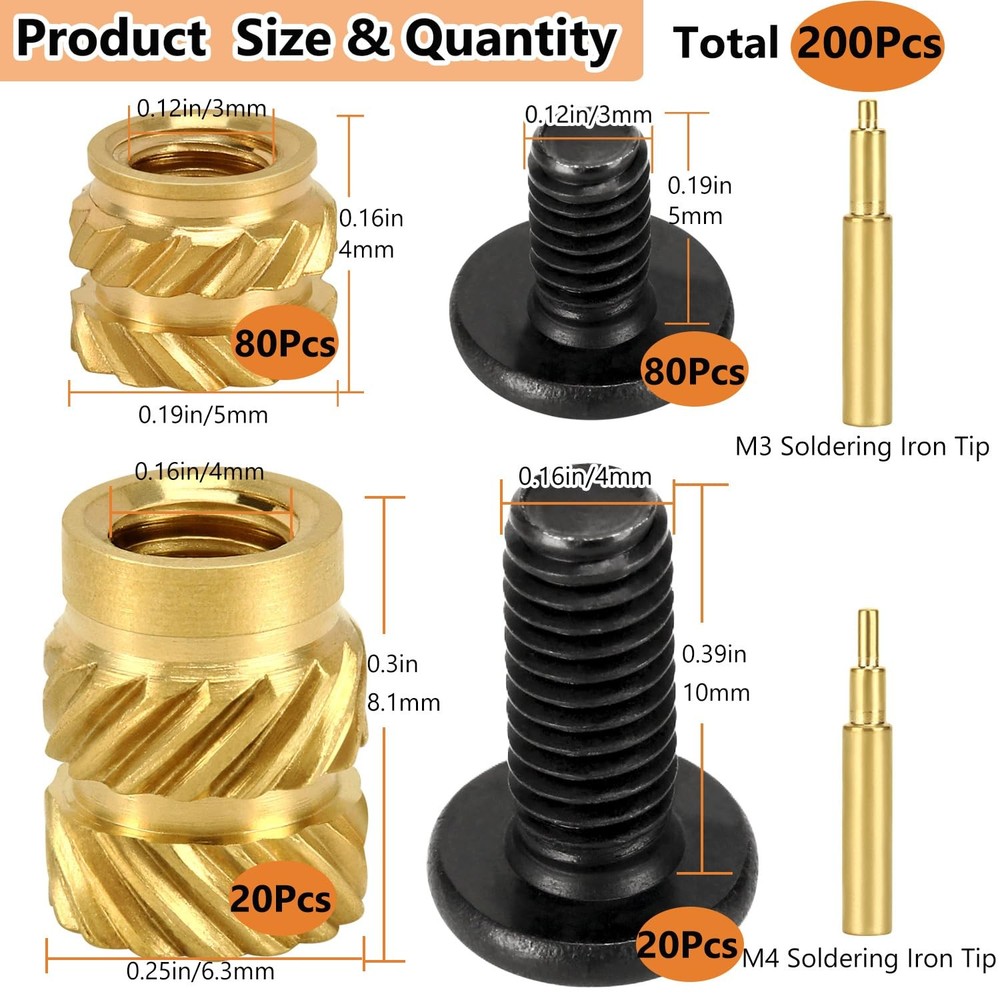 200Pcs Threaded Insert Bolt Assortment kit 100Pcs M3 M4 Brass Heat Set Insert, 1