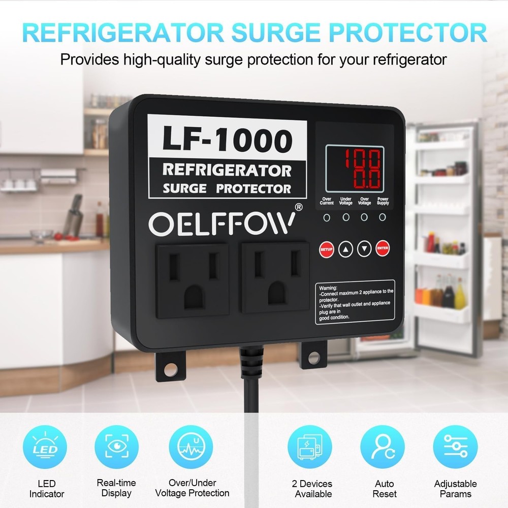 OELFFOW Refrigerator Surge Protector, Time Delay and Real-time Display, Volta...