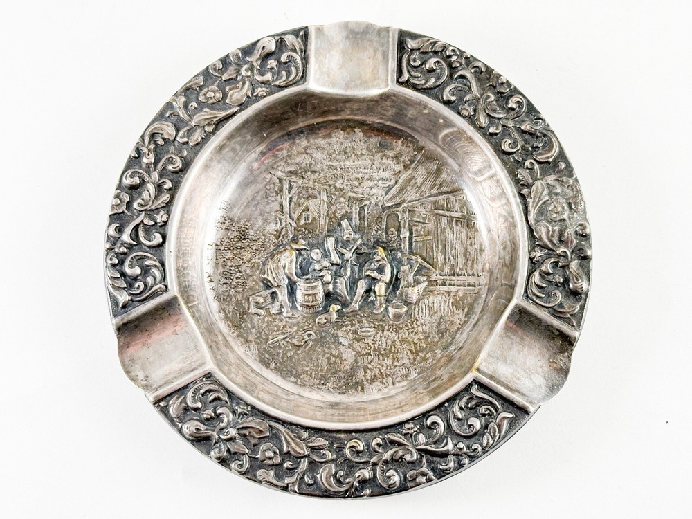 Antique Repousse Denmark Hans Jensen Silver Plated Ash Tray Market Scene