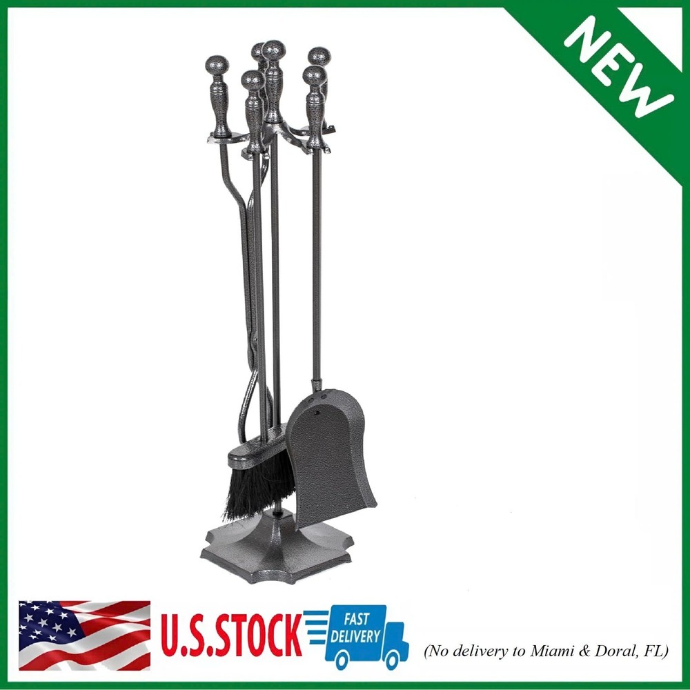 5 Pieces Fireplace Tools Set, Wrought Iron with Silver Pattern Fireplace Accesso