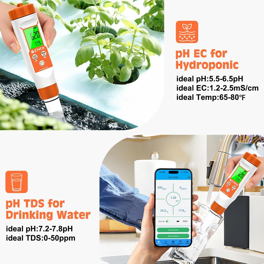 4 in 1 pH EC TDS Meter for Water Hydroponic with Calibration Solution,...