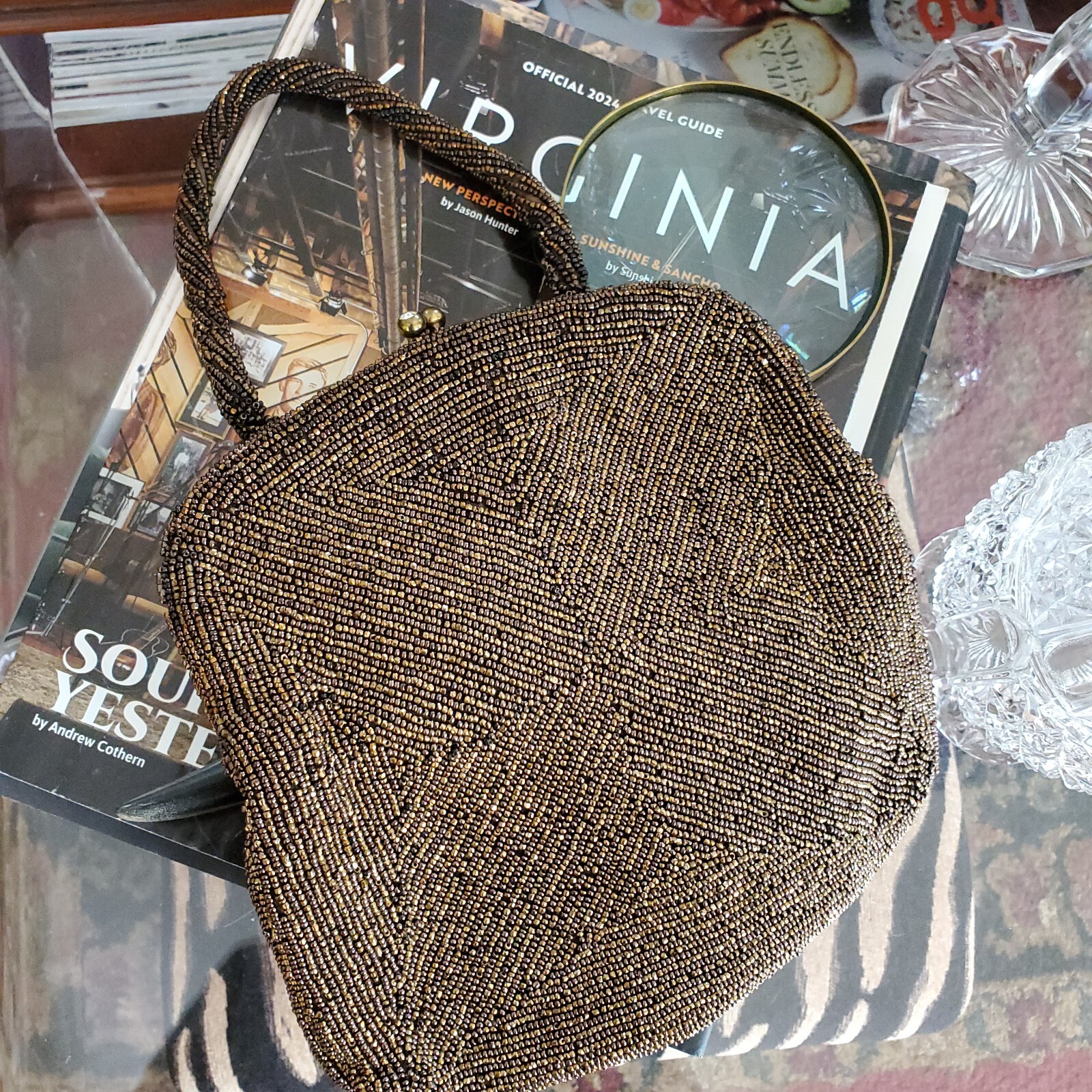 Joseph Horne Pittsburgh Belgium Brown Beaded Evening Bag Handle Twist Top Lock