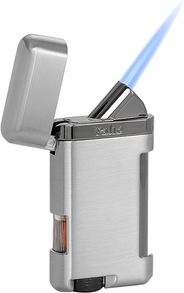 Palió Lazio Single Angled Jet Flame Cigar Lighter, Refillable Adjustable,Silver