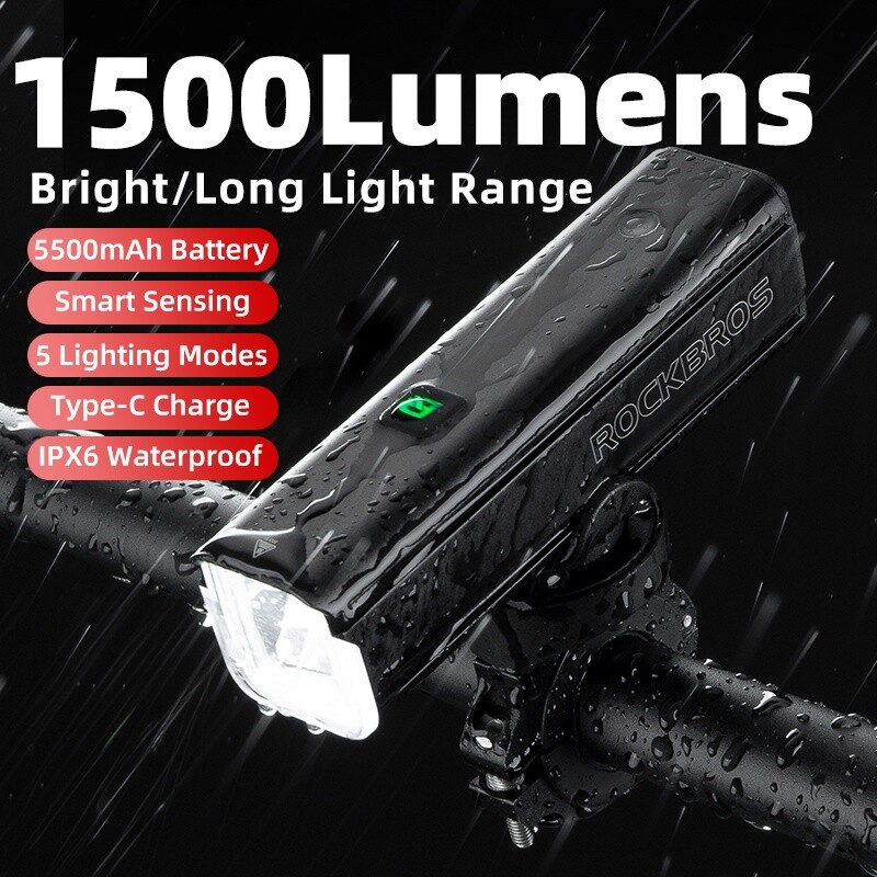 ROCKBROS Bike Smart Headlight 1500 Lumens IPX6 Waterproof Rechargeable