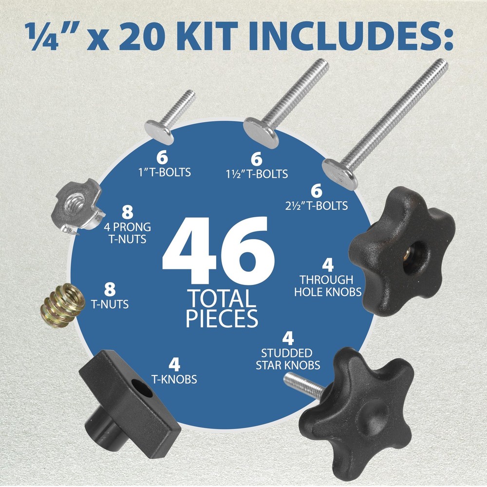 46 Piece T Track Bolts and Knobs Kit, 1/4"-20 T Bolts & Threaded Knobs, T Tra...