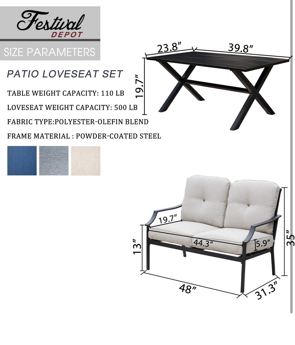 Festival Depot Patio Loveseat Set, Black & Beige, Steel Frame, Table, Cushions