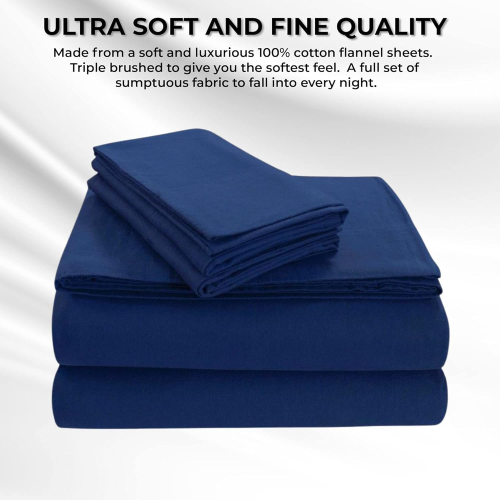 FLSOEDSS Luxury Solid Flannel Deep Pocket Sheet Set, Full, Dark Blue