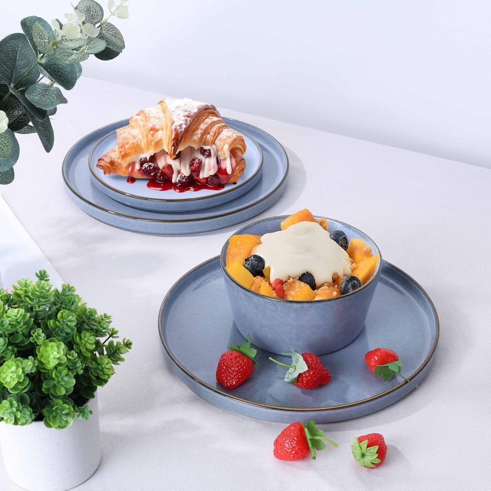 12-Piece Stoneware Dinnerware Set 4 Dinner Plates & Bowls Sets Double Reactive