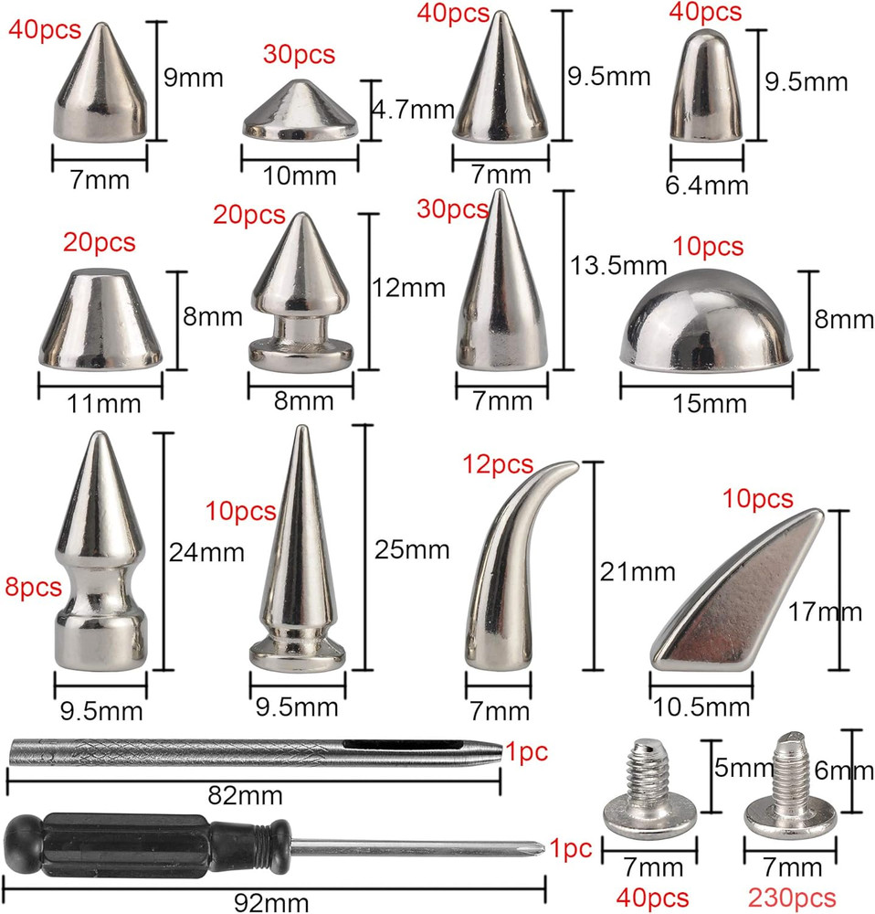 270 Sets Mixed Shape Spikes & Studs Silver Color Screw Back Bullet Cone Studs an