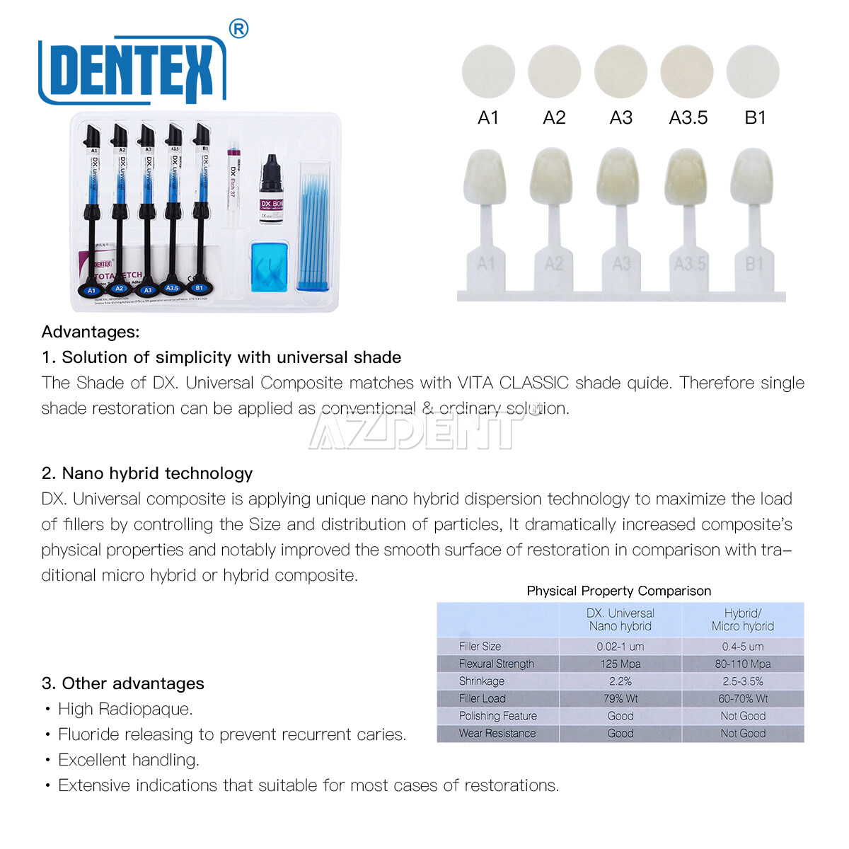 Dentex Dental Light Cure Hybrid Resin Composite Restoration 6 Syring Kit A1-B1