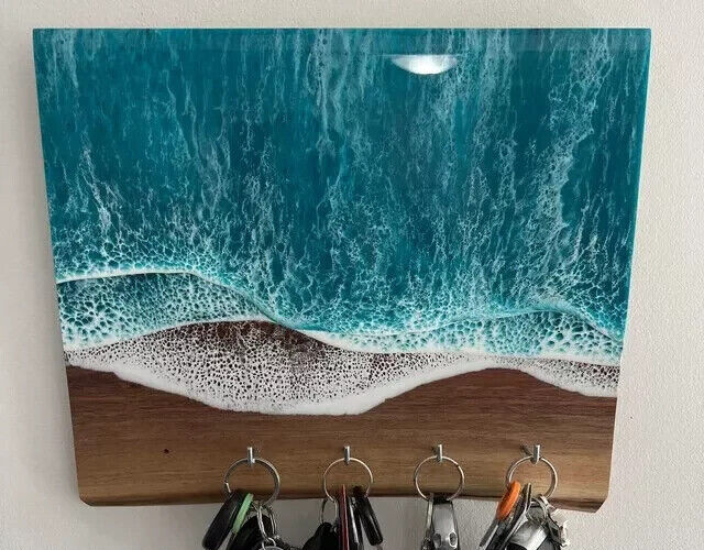 Ocean Epoxy Key Holder Wall Board, River Epoxy Wall Board Interior Decor