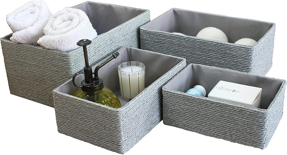 Storage Baskets Set 4 Stackable Woven Basket Paper Rope Bin Storage Boxes Makeup