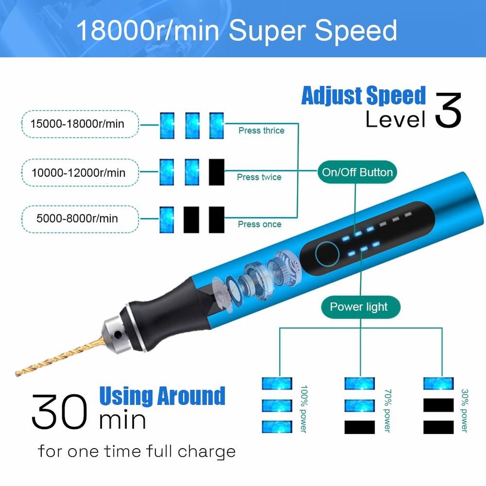 3-Speed Cordless Mini Drill Pen With 8 Small Compact, Blue