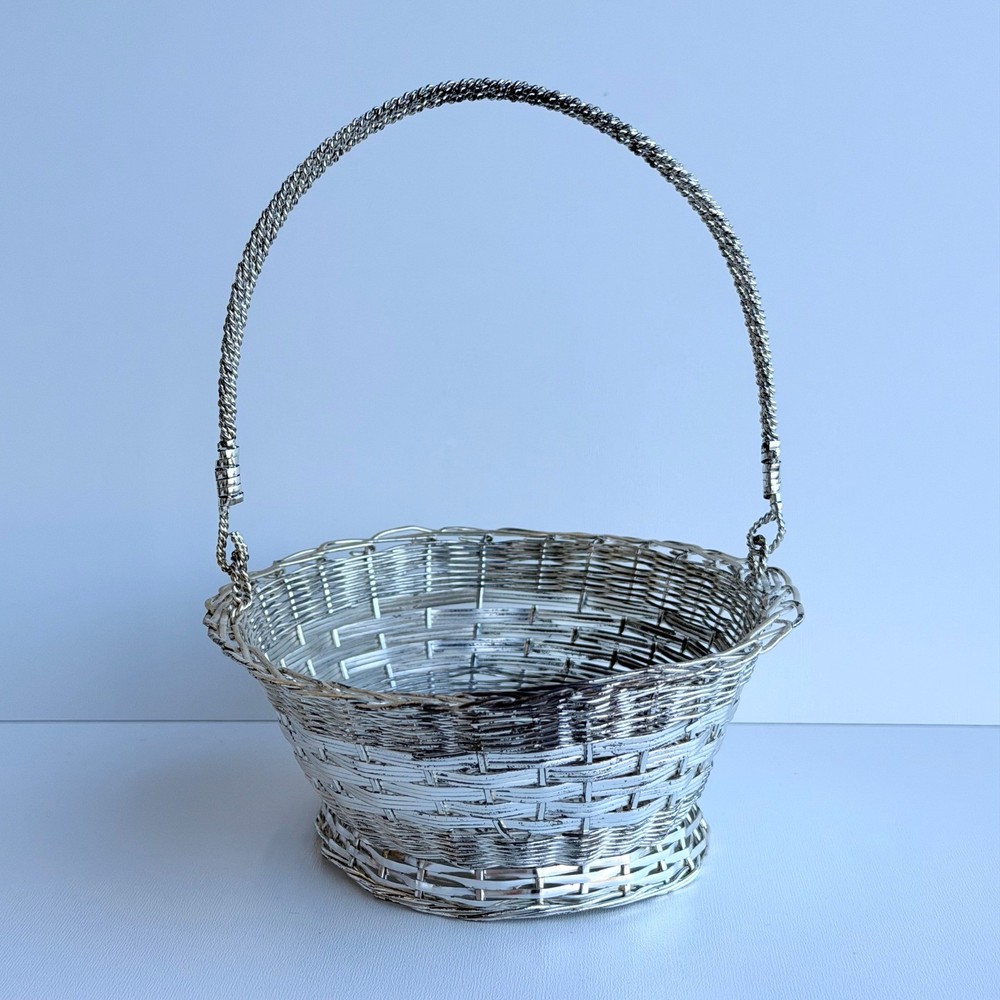 Vintage Wire Metal Basket Silver Small With Handle Easter