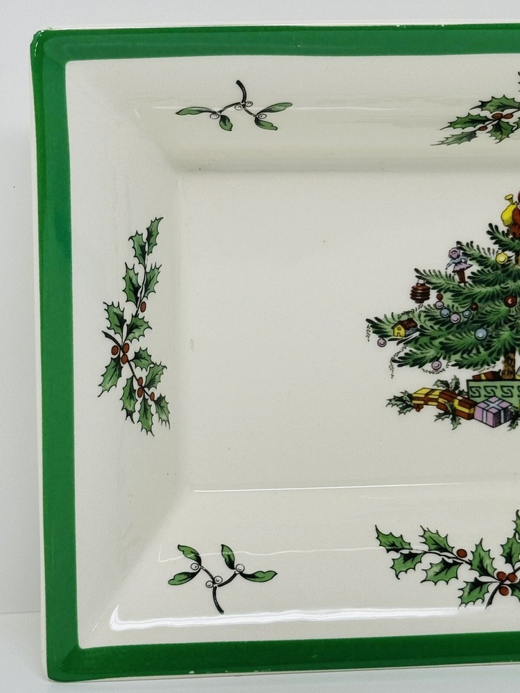 Spode Christmas Tree Rectangular Serving Tray Green Trim 8.5" England MINT