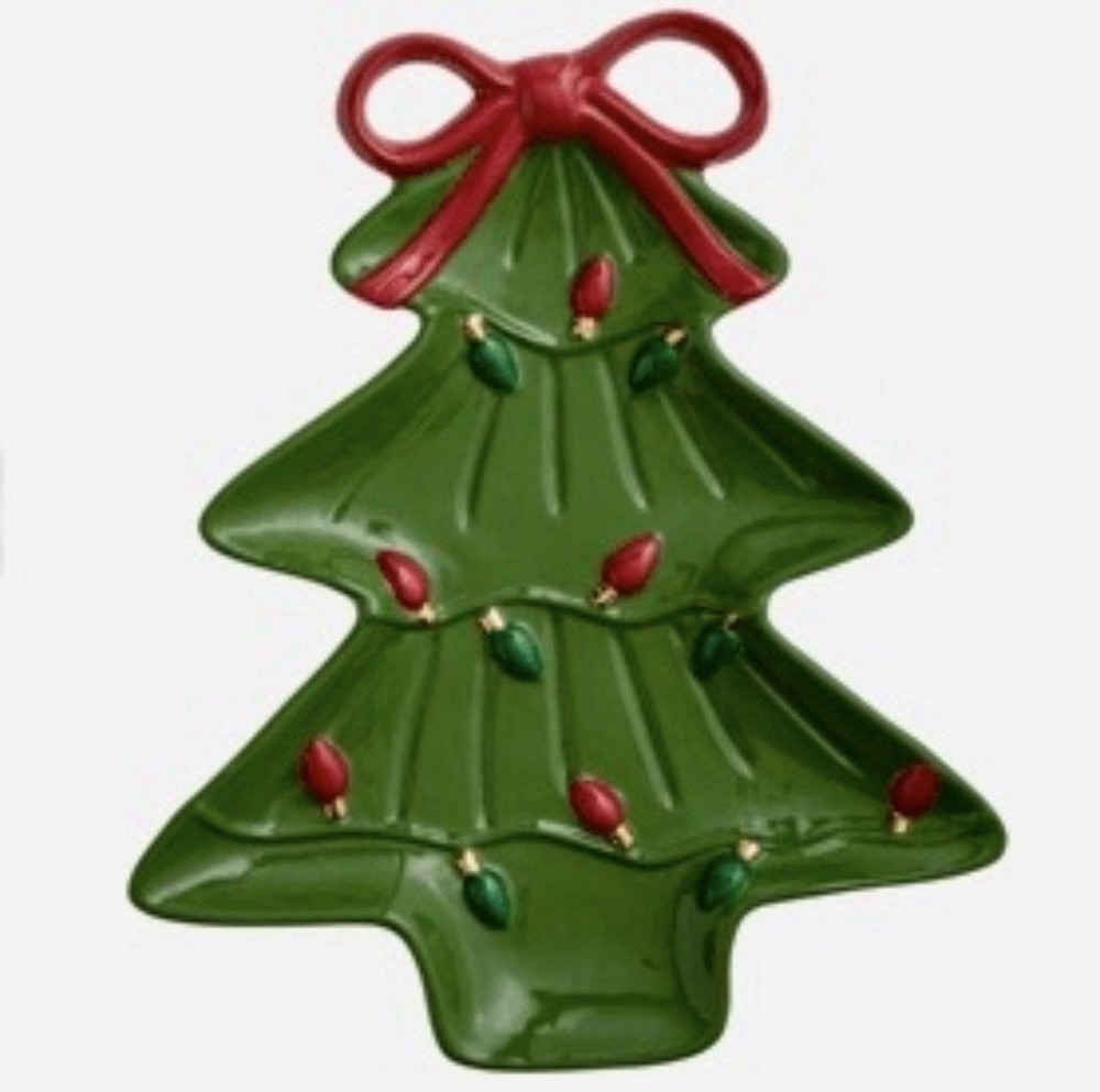 NWT Mud Pie Christmas Tree Lights Serving Platter Festive Red Bow Ceramic 12x10”