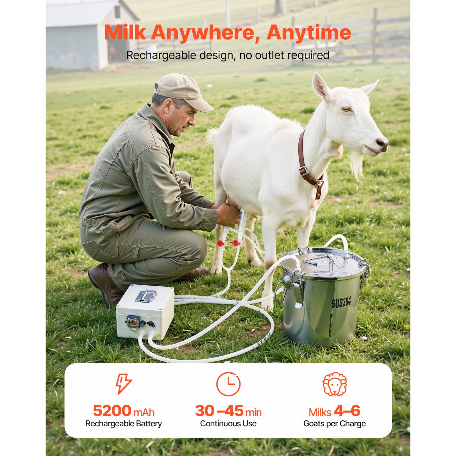Uimoso Portable Goat Milking Machine with 0.8 Gal / 3 L Bucket and Battery Power