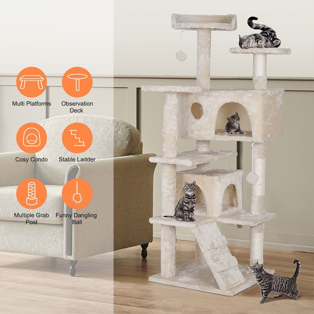 55'' Multi-Level Cat Condo Tower Kitty Cat Tree with Scratching Post Beige