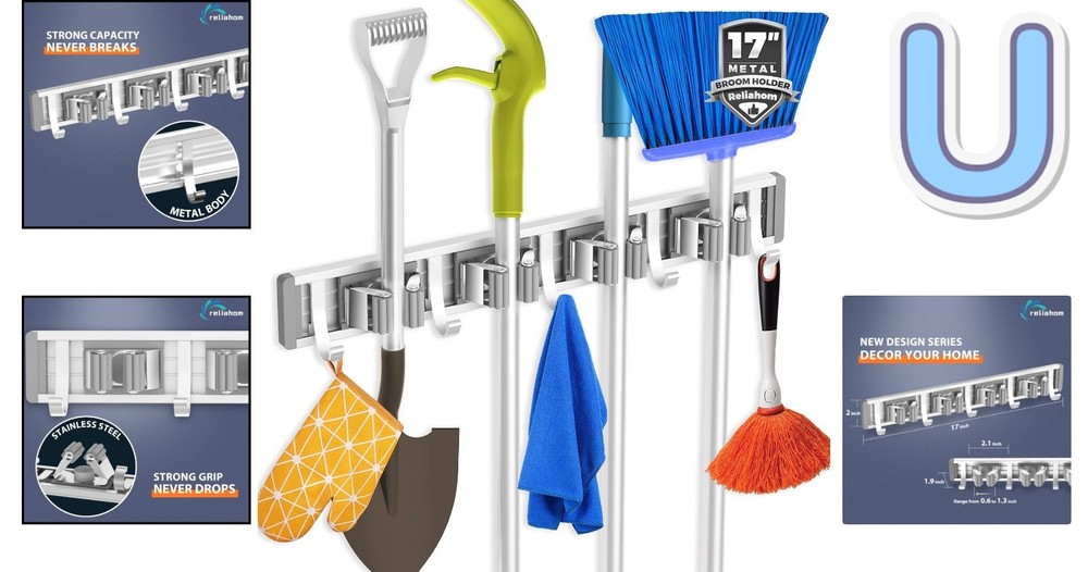 Effortless One-Hand Lock Broom Holder - Wall Mount Storage Solution in Silver