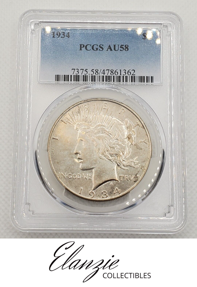1934 Peace Silver Dollar PCGS AU 58 BLUE LABEL