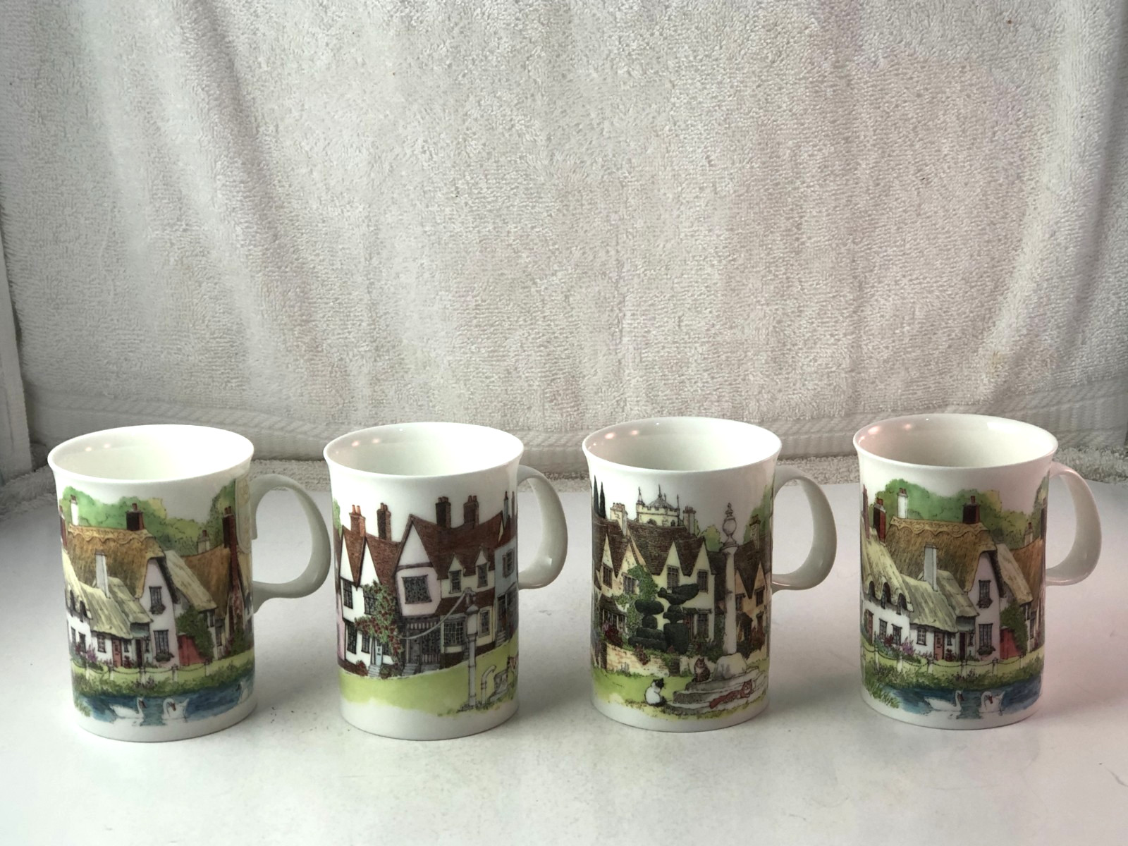 Set of 4 Dunoon Village Greens Bone China Coffee Cups Mugs Sue Scullard England