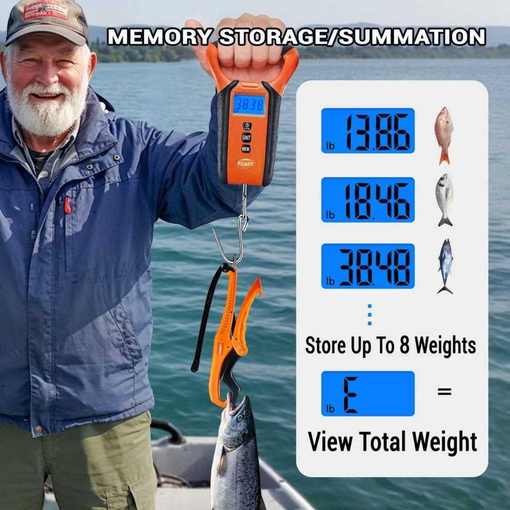 Waterproof Digital Fish Scale, Floating, Lip Gripper, LCD Display, Memory, Case