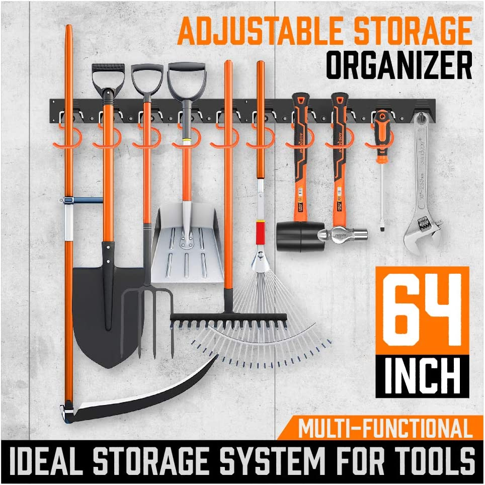 64 Inch Adjustable Storage System, Wall Mount Tool Organizer, Hangers for Mop an