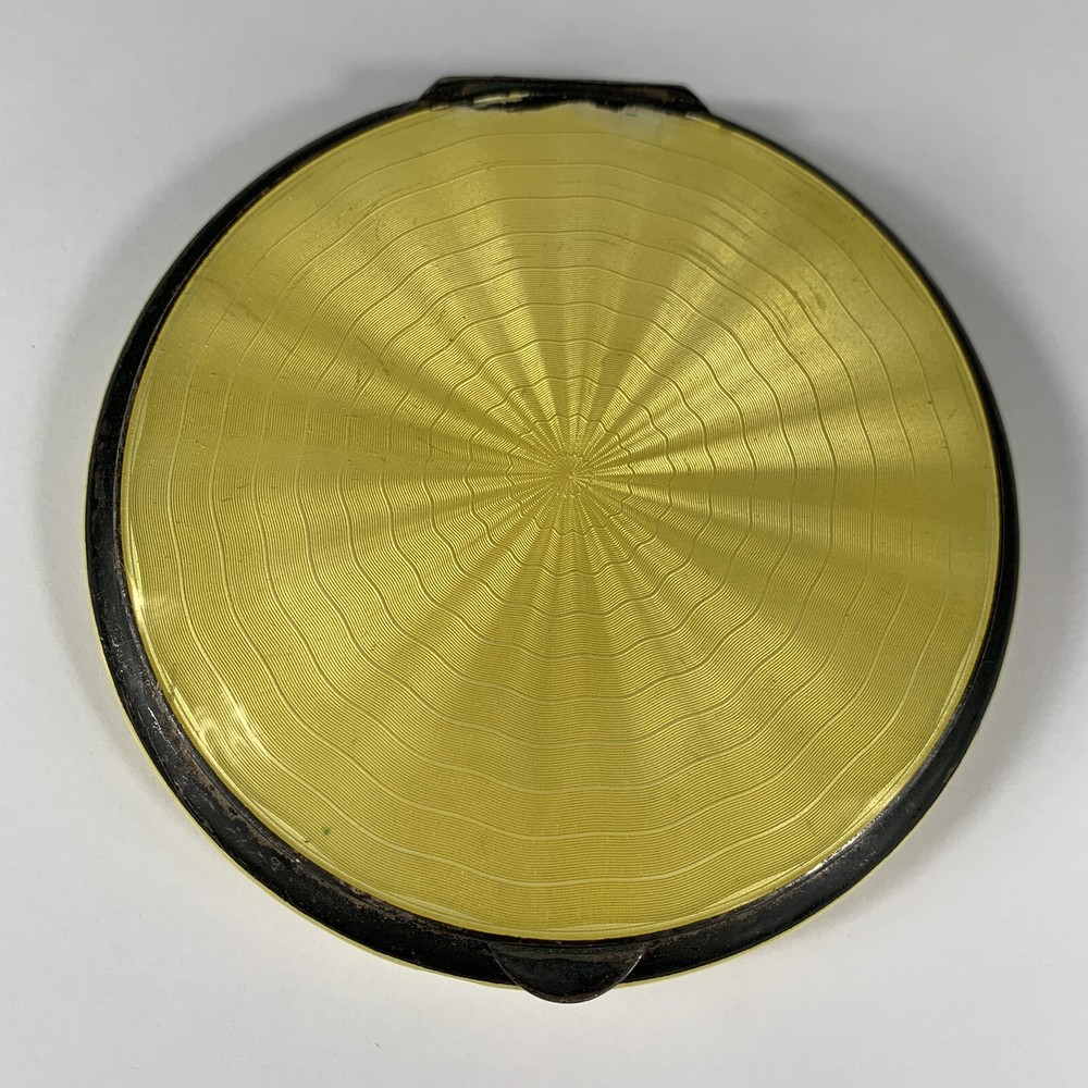 Fine Quality German Solid “935” Silver Yellow Guilloche Enamel Compact 10.5cm