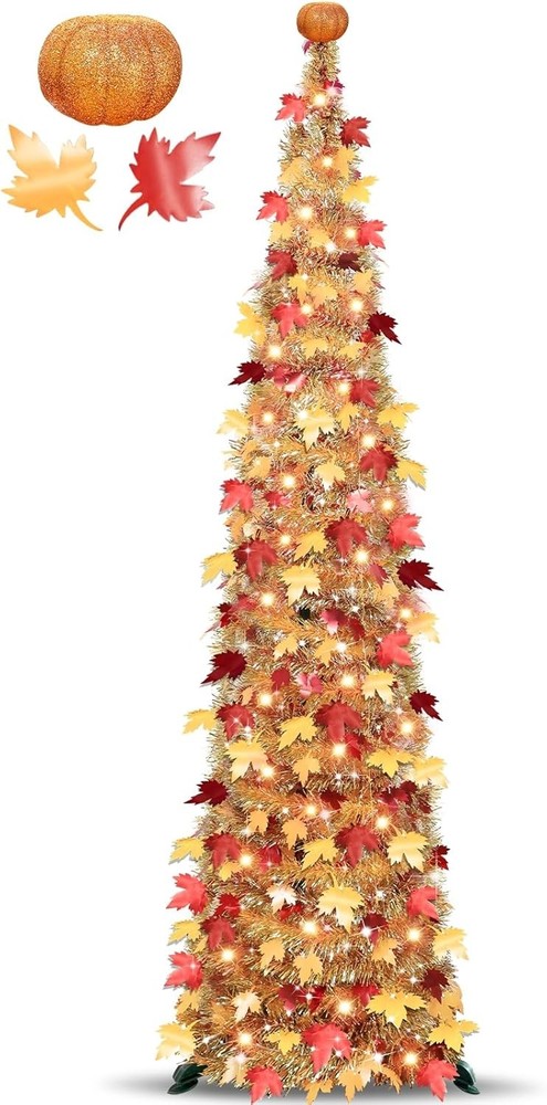 Timer & Pumpkin - 5 Ft Lighted Fall Tree Fall Decor, Fall Pop Up Tinsel Maples