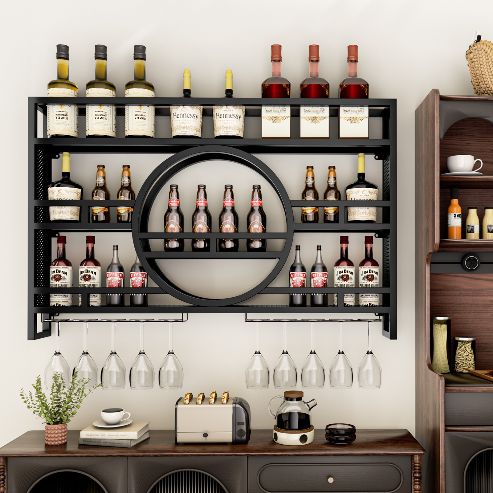 Wall Mounted LED Wine Rack Metal Floating Liquor Display Shelf w/ Glass Holder