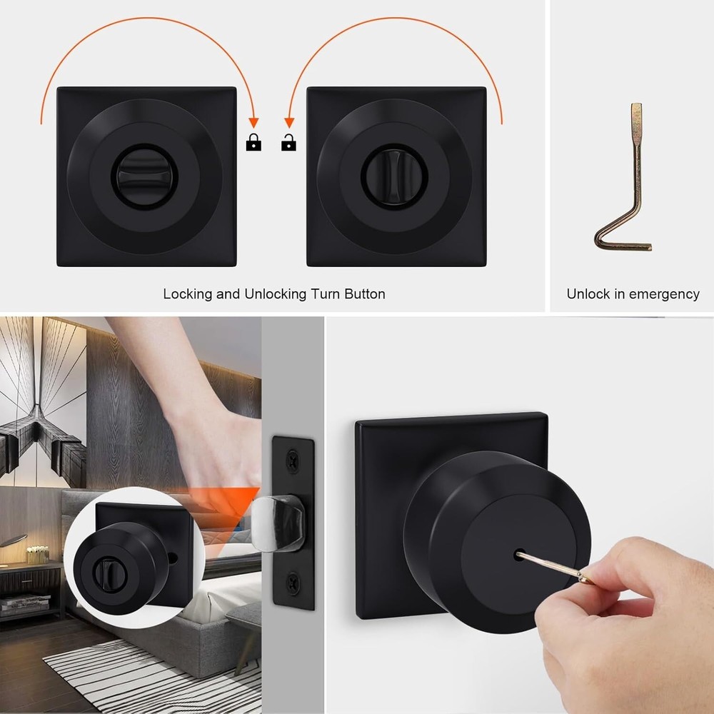 6 Pack Black Door Knobs Interior, Privacy Interior Door Knob for Bedroom or Bath